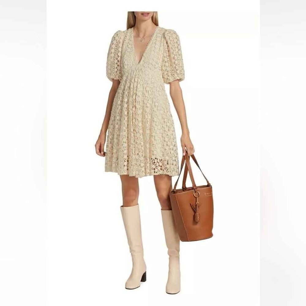 byTiMo Women's puff-sleeve lace crochet dress V Neck Size M